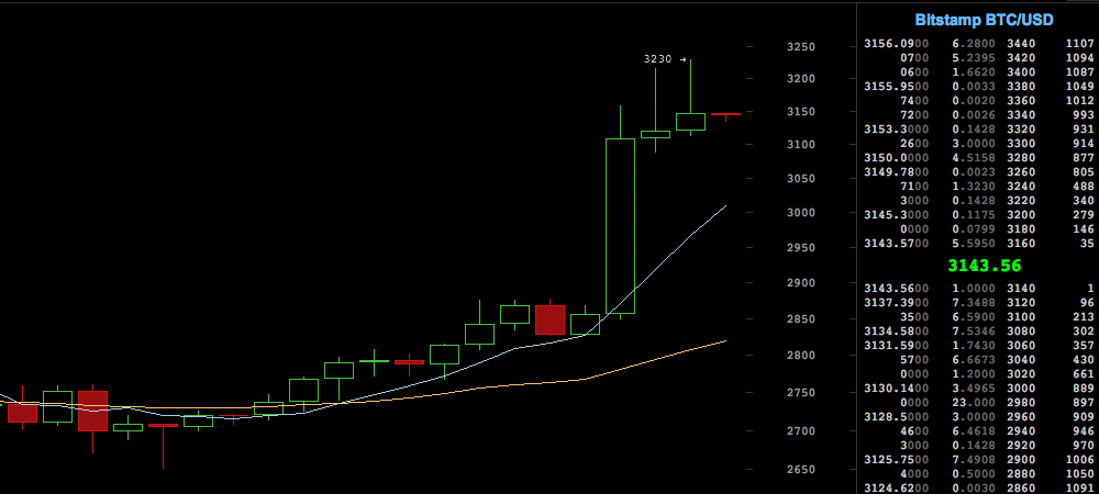 Bitcoin Surpasses Milestone Price of $3000 Across Global Exchanges